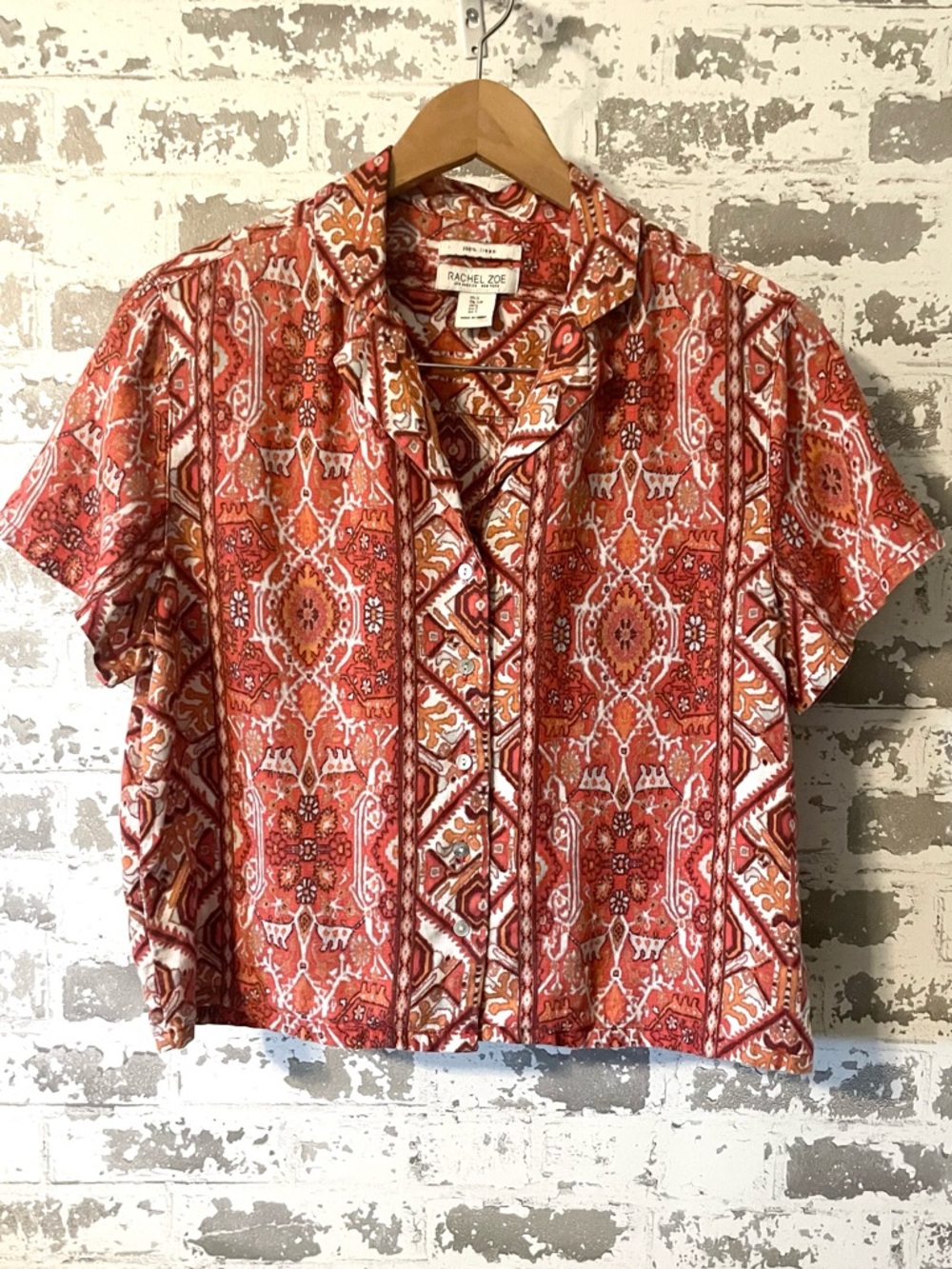 Rachel Zoe Linen Printed Button Front Top Boho Short Sleeve Size S